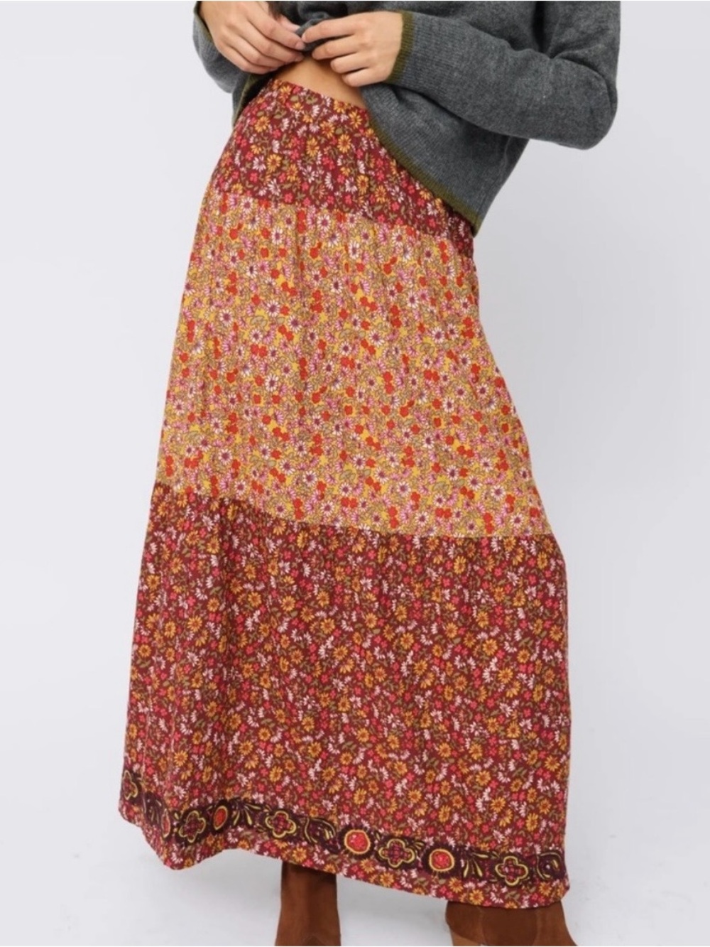 Natural Life Camille Embroidered Maxi Skirt Stemmed Daisies Wine Boho Floral S